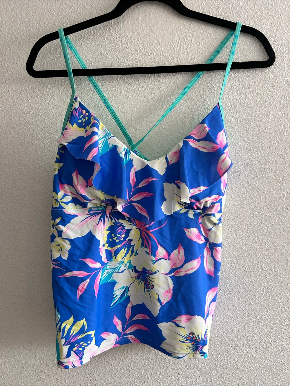 Bright Blue Floral Women's Swim Top with Mint Straps